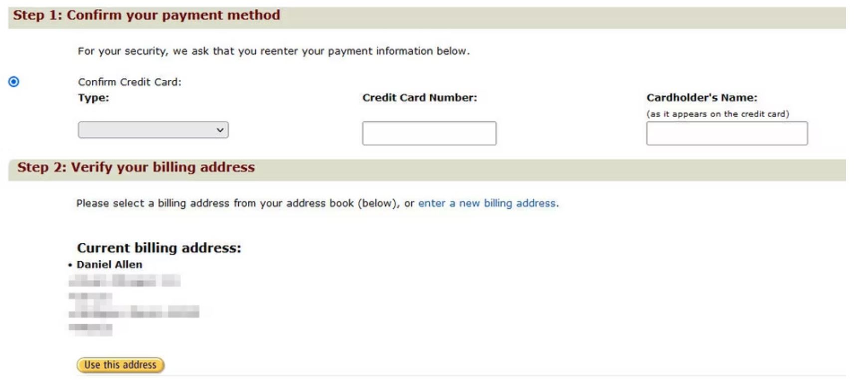 once you have updated your shipping address Amazon will ask you to confirm your billing info 
