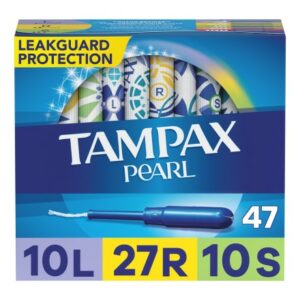 Tampax Pearl Tampons Trio Pack, with LeakGuard Braid, Light/Reg/Super Absorbency, Unscented, 47 Ct